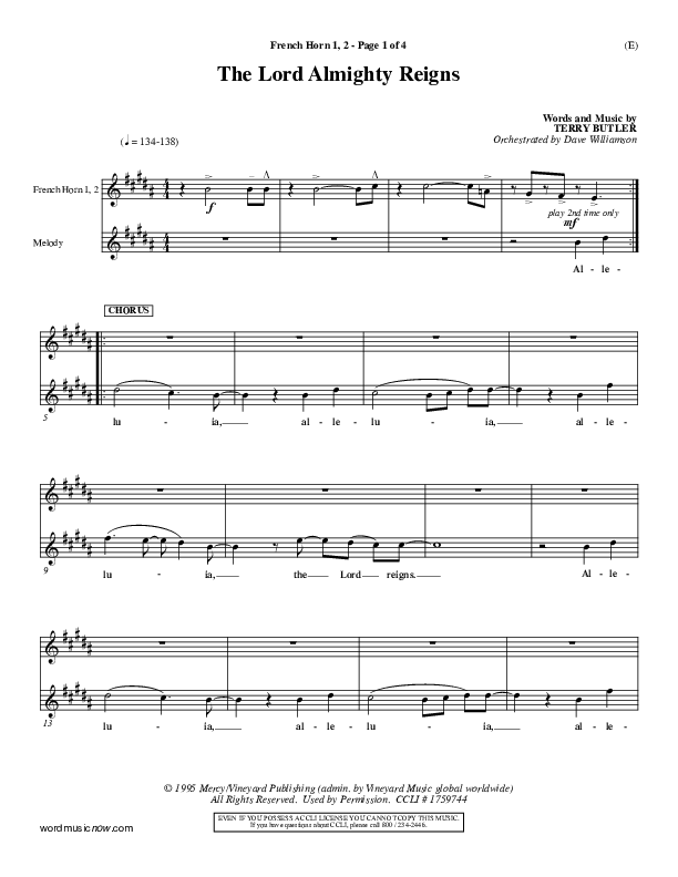 The Lord Almighty Reigns French Horn 1/2 ()