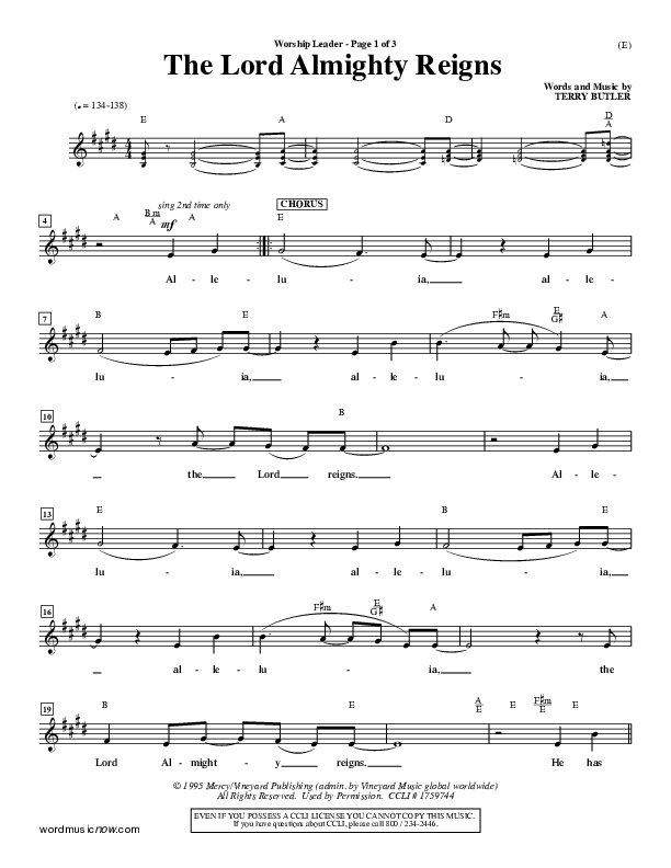 The Lord Almighty Reigns Lead Sheet ()