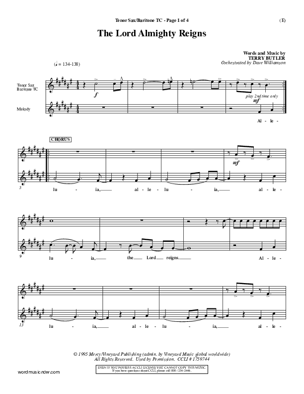 The Lord Almighty Reigns Tenor Sax/Baritone T.C. ()