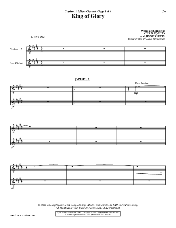 King Of Glory Clarinet 1/2, Bass Clarinet (Chris Tomlin)