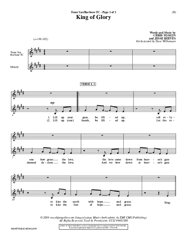 King Of Glory Tenor Sax/Baritone T.C. (Chris Tomlin)
