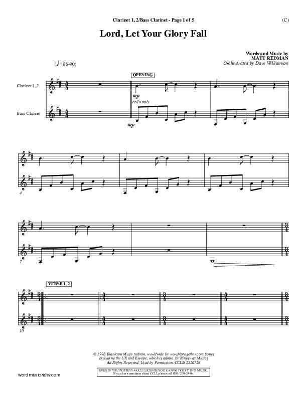 Lord Let Your Glory Fall Clarinet 1/2, Bass Clarinet (Matt Redman)