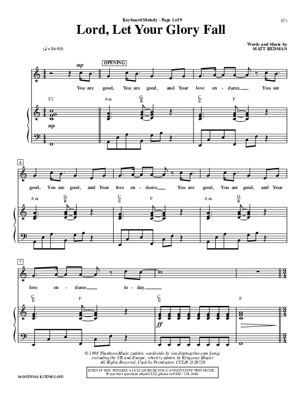 Lord Let Your Glory Fall Piano/Vocal (Matt Redman)