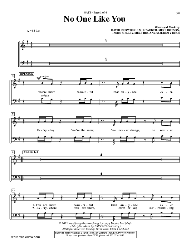 No One Like You Choir Sheet (SATB) (David Crowder)