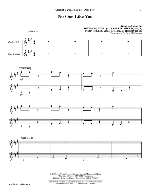 No One Like You Clarinet 1/2, Bass Clarinet (David Crowder)