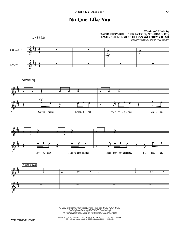 No One Like You French Horn 1/2 (David Crowder)