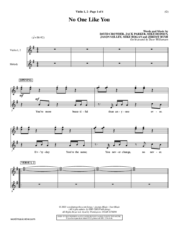 No One Like You Violin 1/2 (David Crowder)
