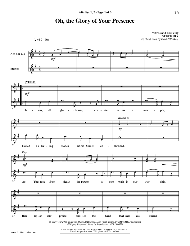 Oh The Glory Of Your Presence Alto Sax 1/2 (Steve Fry)