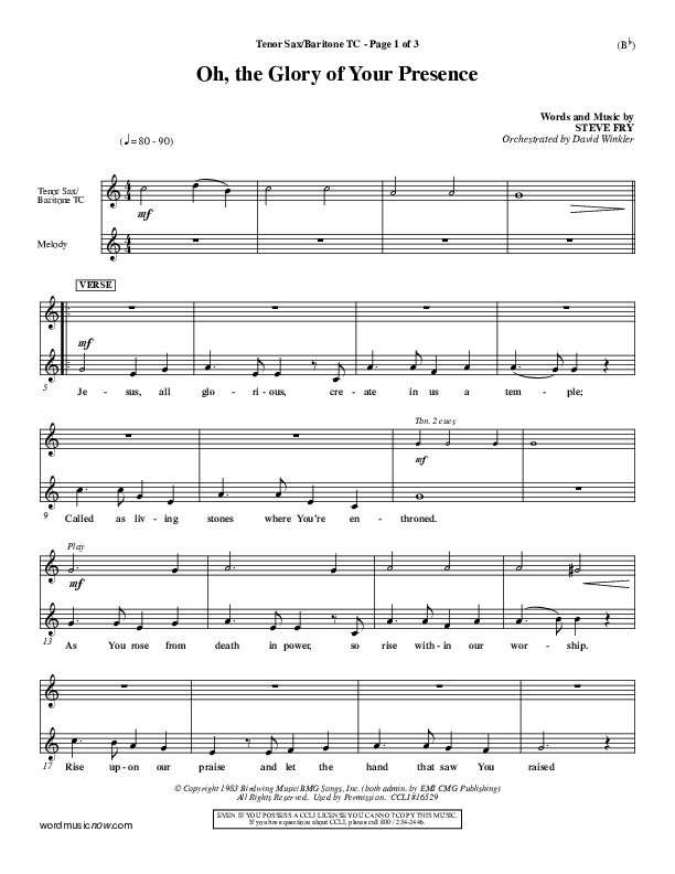 Oh The Glory Of Your Presence Tenor Sax/Baritone T.C. (Steve Fry)