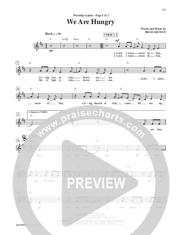 We Are Hungry Lead Sheet (Brad Kilman)