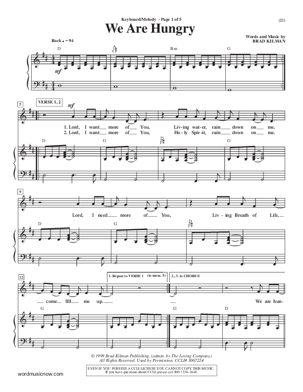 We Are Hungry Piano/Vocal (Brad Kilman)