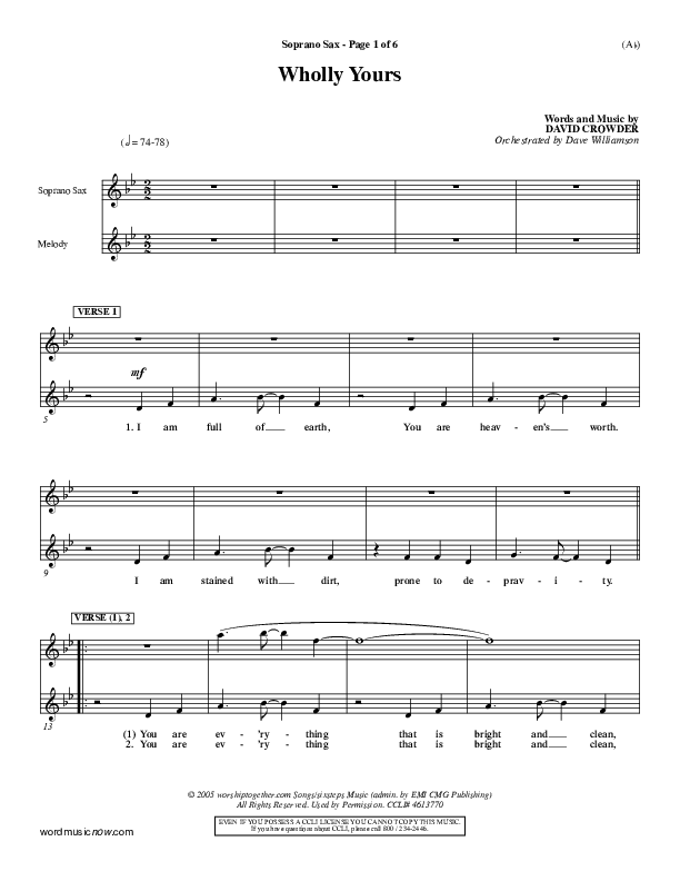 Wholly Yours Soprano Sax (David Crowder)