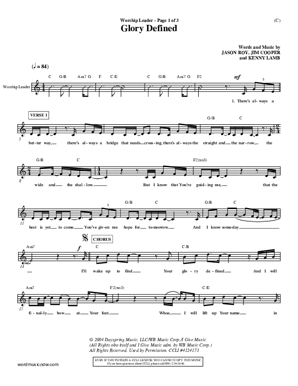 Glory Defined Lead Sheet (Jason Roy)