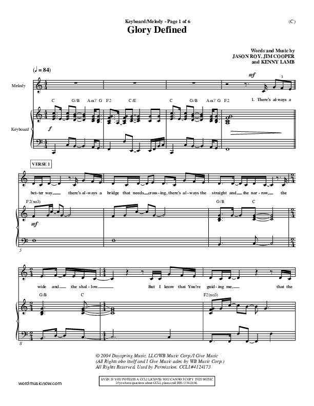 Glory Defined Lead Sheet (Jason Roy)