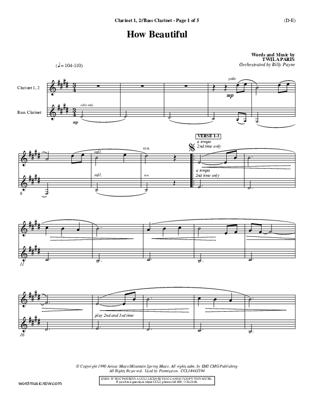 How Beautiful Clarinet 1/2, Bass Clarinet (Twila Paris)