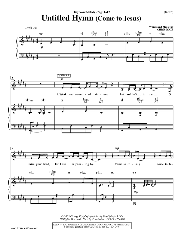 Untitled Hymn (Come To Jesus) Piano/Vocal Pack (Chris Rice)