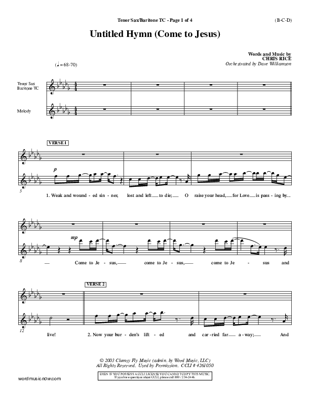 Untitled Hymn (Come To Jesus) Tenor Sax/Baritone T.C. (Chris Rice)