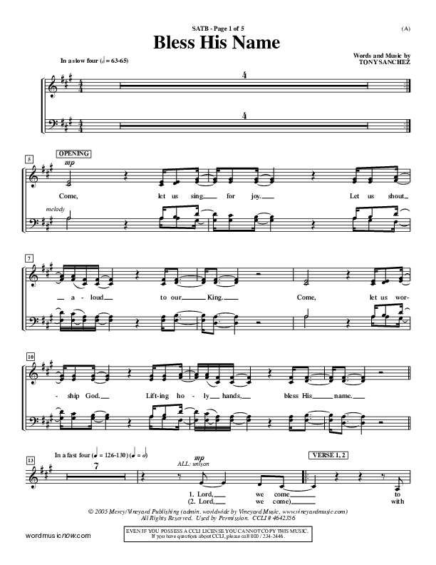Bless His Name Choir Sheet (SATB) (Tony Sanchez)