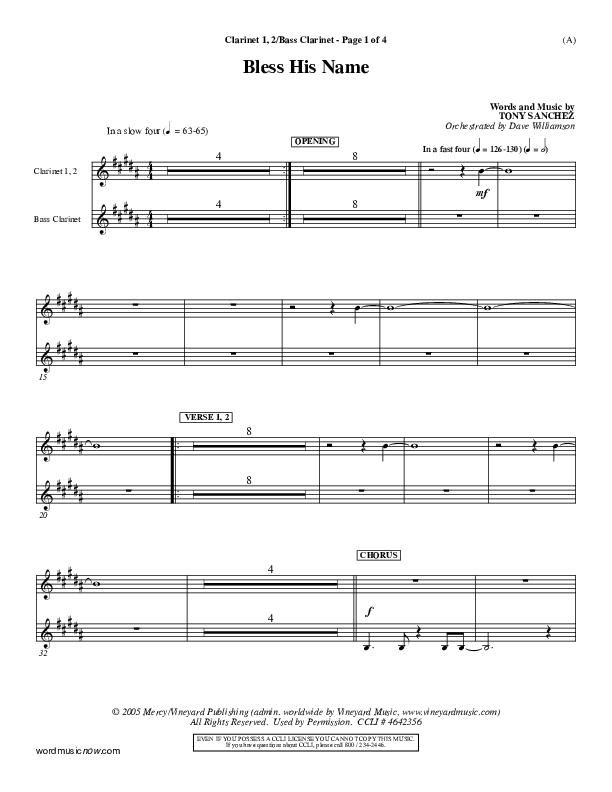 Bless His Name Clarinet 1/2, Bass Clarinet (Tony Sanchez)