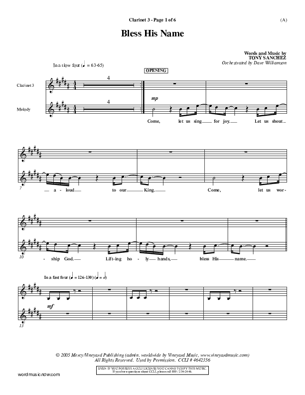 Bless His Name Clarinet 3 (Tony Sanchez)