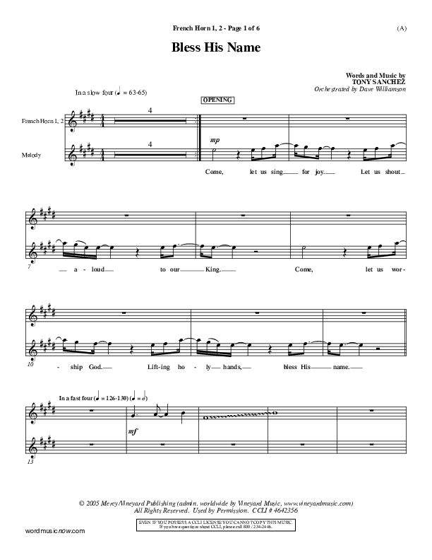 Bless His Name French Horn 1/2 (Tony Sanchez)