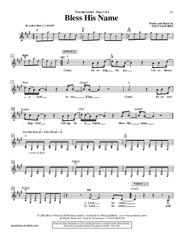 Bless His Name Lead Sheet (Tony Sanchez)