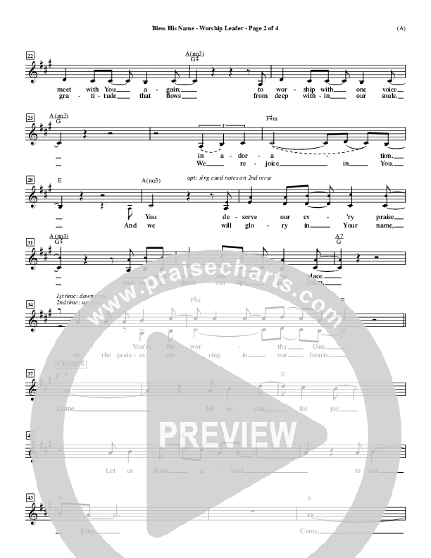 Bless His Name Lead Sheet (Tony Sanchez)