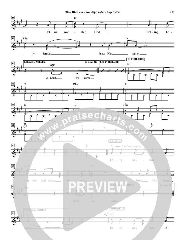 Bless His Name Lead Sheet (Tony Sanchez)