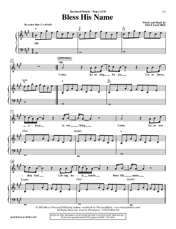 Bless His Name Lead Sheet (Tony Sanchez)