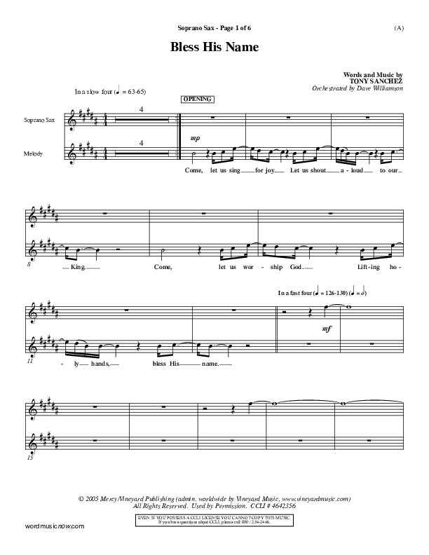 Bless His Name Soprano Sax (Tony Sanchez)