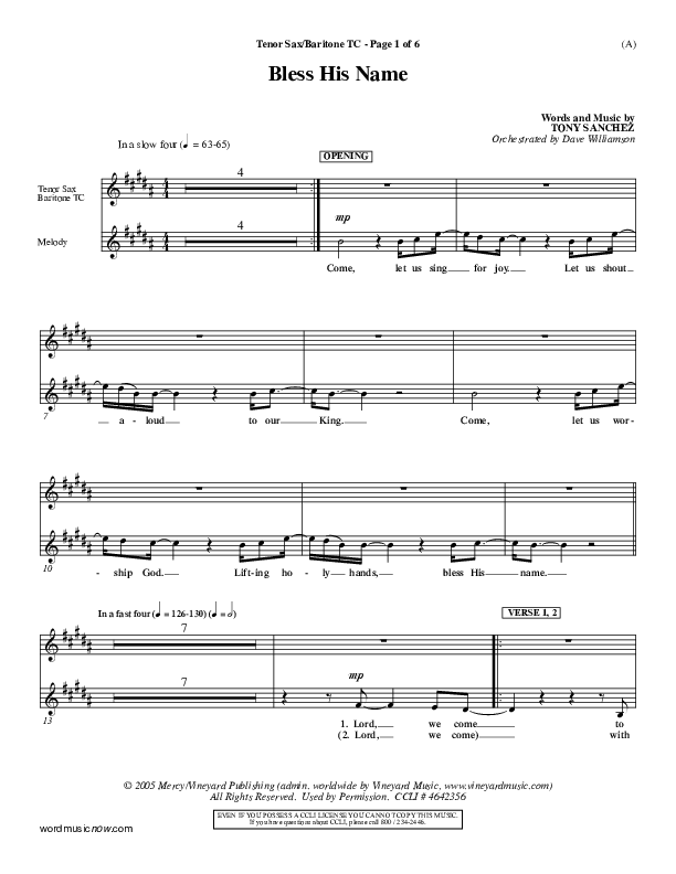 Bless His Name Tenor Sax/Baritone T.C. (Tony Sanchez)