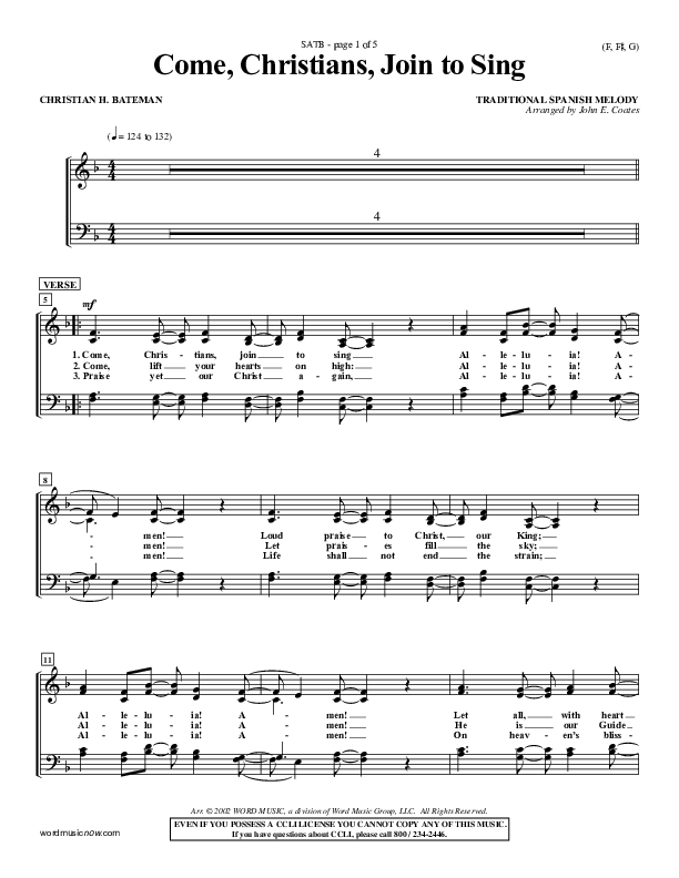 Come Christians Join To Sing Choir Vocals (SATB) (Christian Bateman)