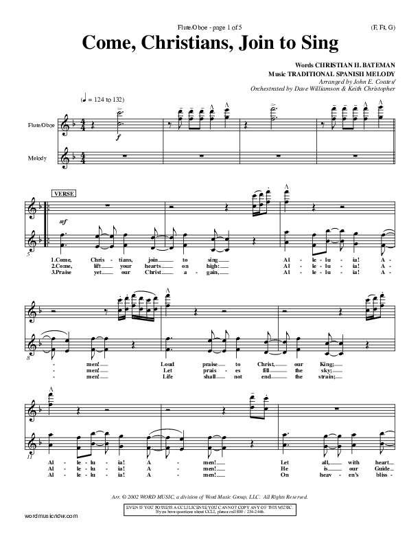 Come Christians Join To Sing Flute/Oboe (Christian Bateman)