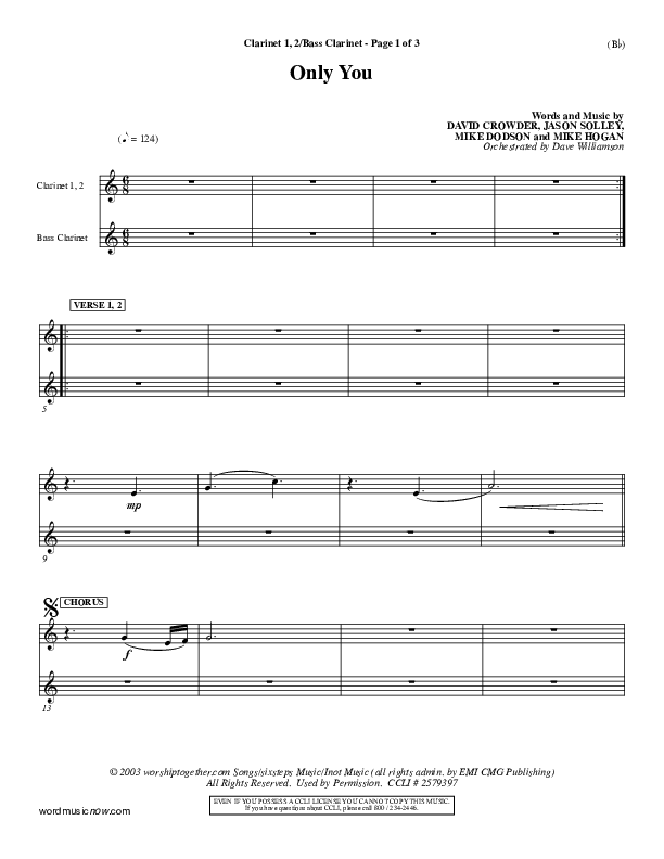 Only You Clarinet 1/2, Bass Clarinet (David Crowder)