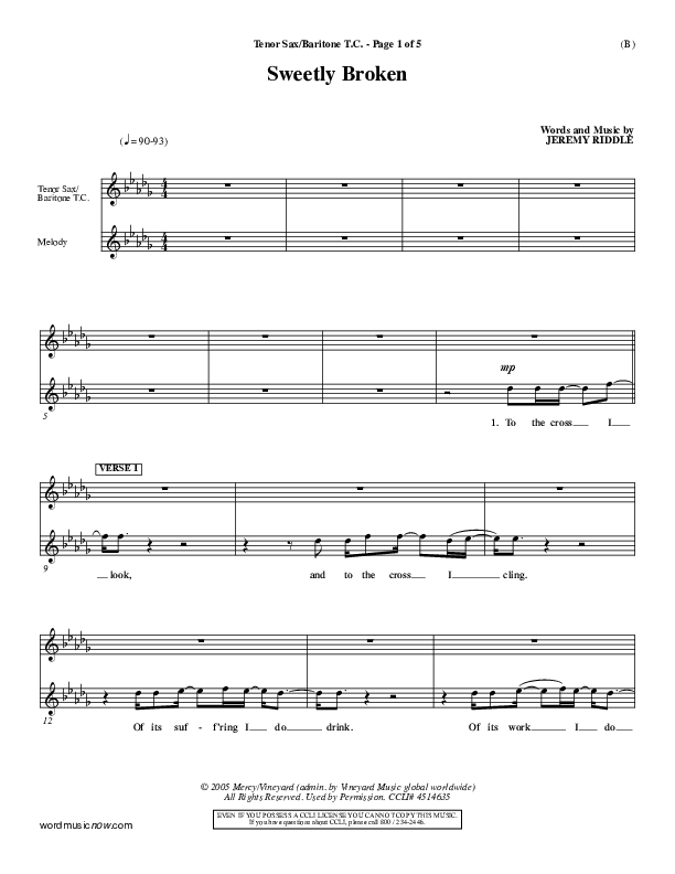 Sweetly Broken Tenor Sax/Baritone T.C. (Jeremy Riddle)