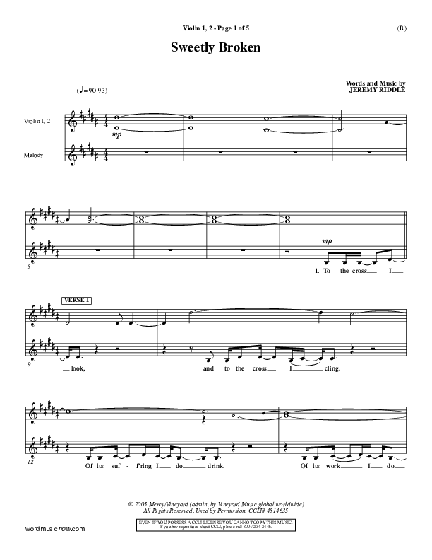Sweetly Broken Violin 1/2 (Jeremy Riddle)