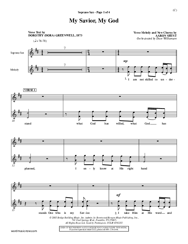 My Savior My God Soprano Sax (Aaron Shust)
