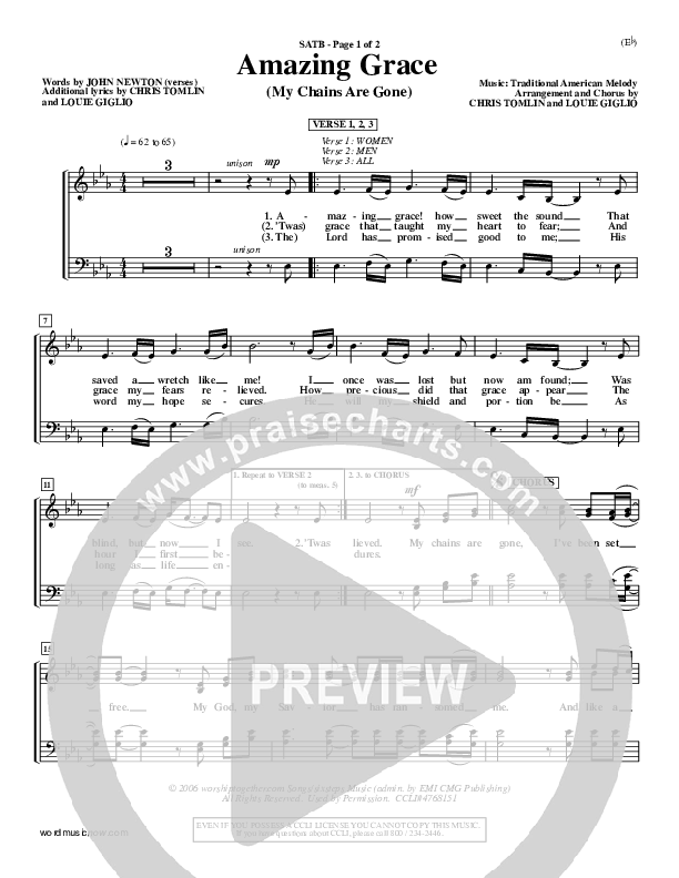 Amazing Grace (My Chains Are Gone) Choir Vocals (SATB) (Chris Tomlin)