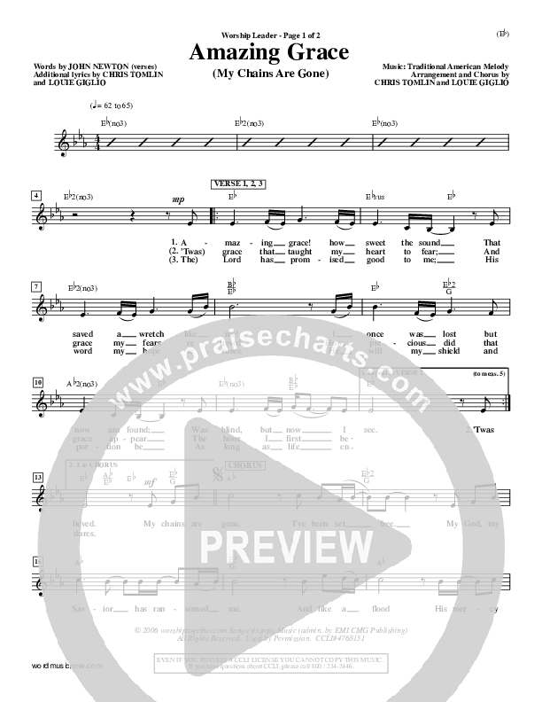 Amazing Grace (My Chains Are Gone) Lead Sheet (Chris Tomlin)