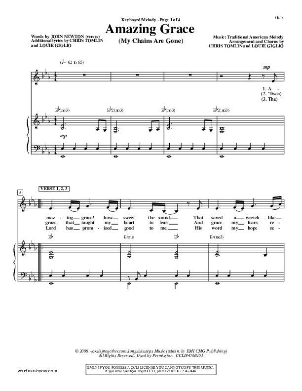 Amazing Grace (My Chains Are Gone) Piano Sheet (Chris Tomlin)