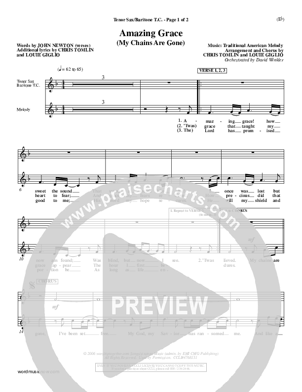 Amazing Grace (My Chains Are Gone) Tenor Sax 1 (Chris Tomlin)