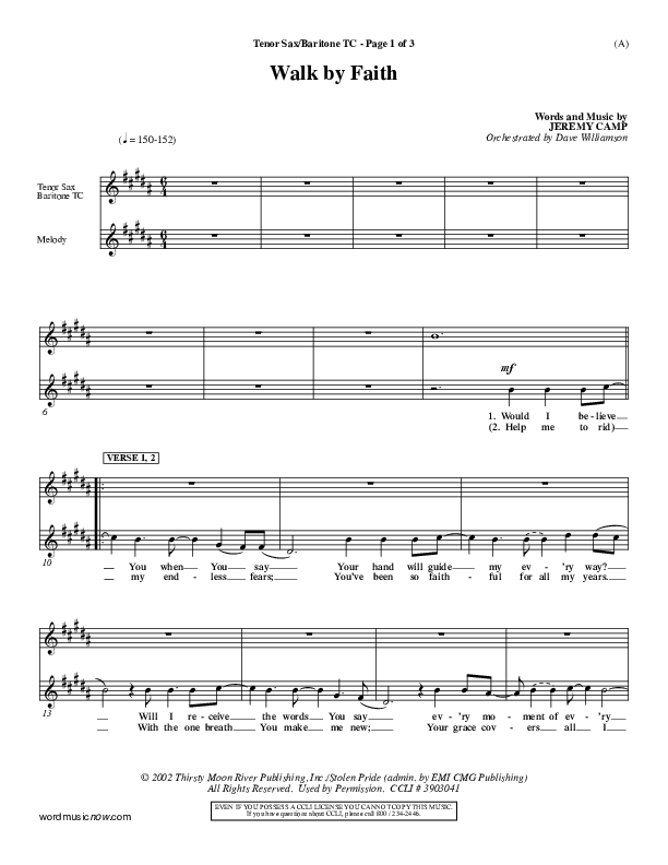 Walk By Faith Tenor Sax/Baritone T.C. (Jeremy Camp)