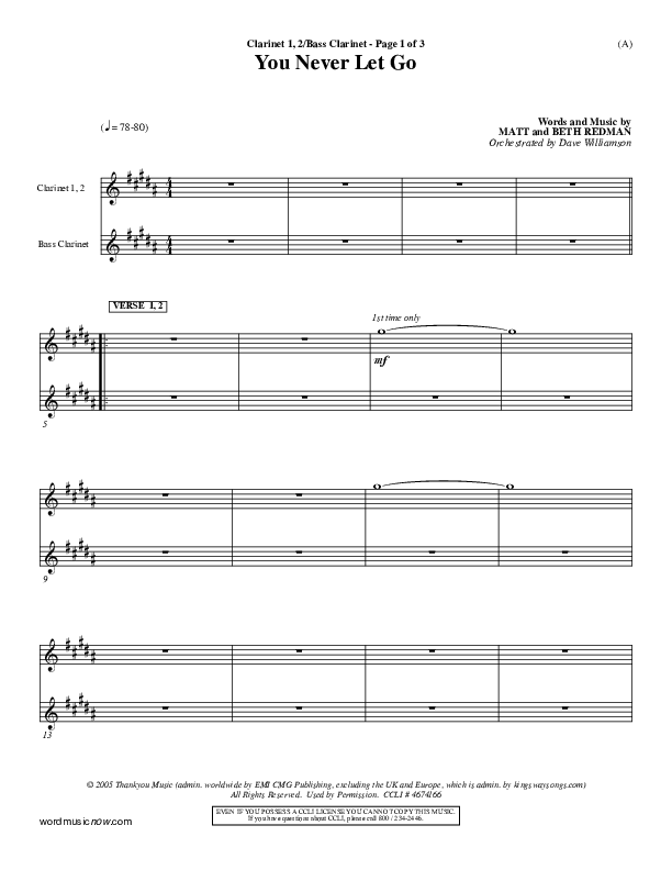 You Never Let Go Clarinet 1/2, Bass Clarinet (Matt Redman)