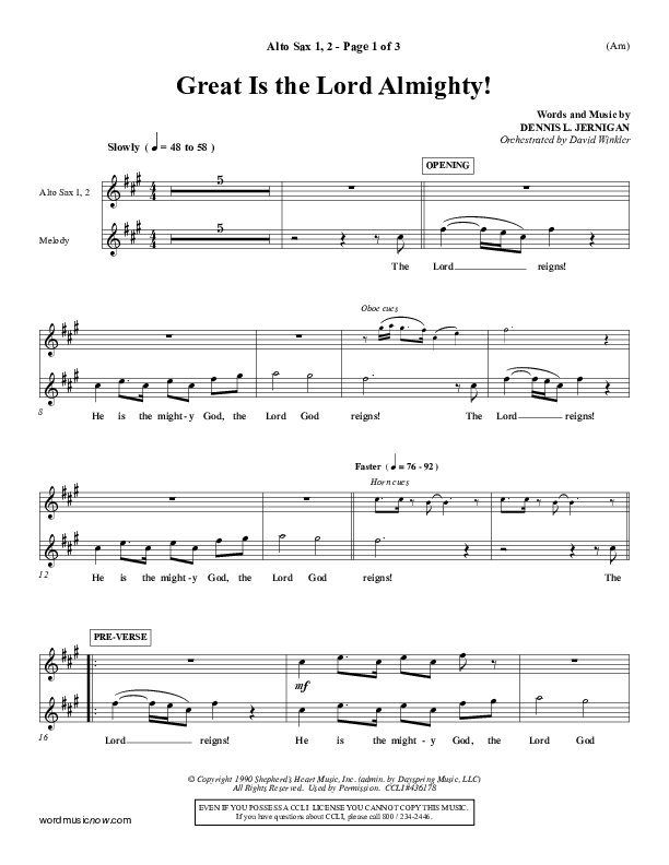 Great Is The Lord Almighty Alto Sax 1/2 (Dennis Jernigan)