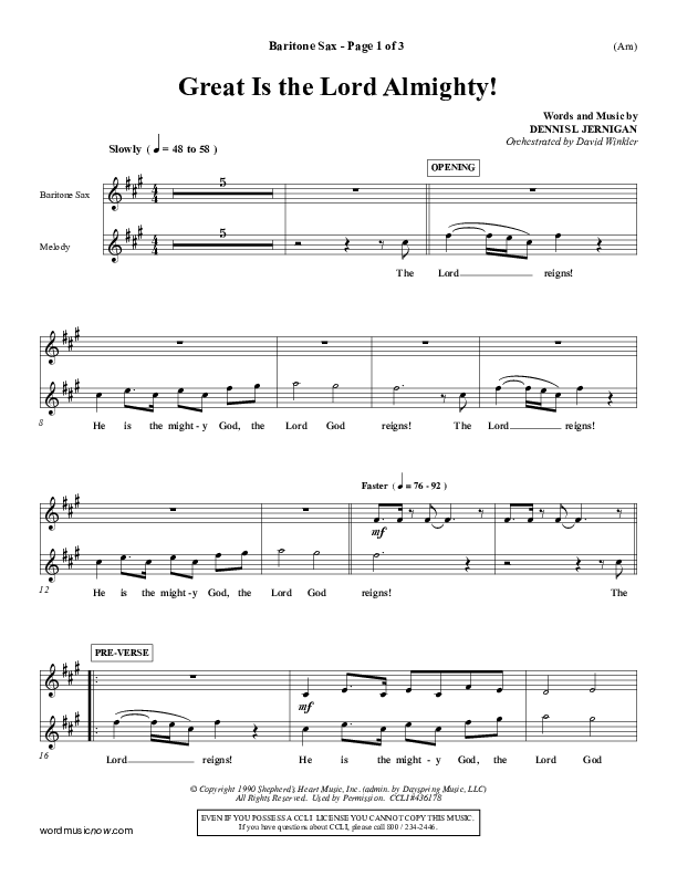 Great Is The Lord Almighty Bari Sax (Dennis Jernigan)
