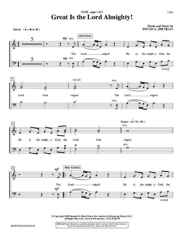 Great Is The Lord Almighty Choir Sheet (SATB) (Dennis Jernigan)
