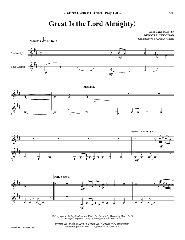 Great Is The Lord Almighty Clarinet 1/2, Bass Clarinet (Dennis Jernigan)