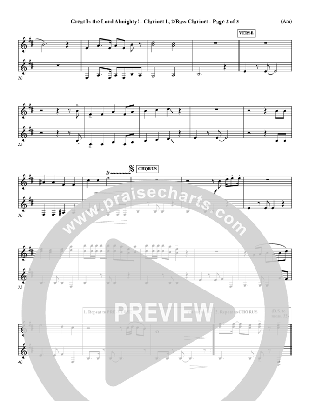 Great Is The Lord Almighty Clarinet 1/2, Bass Clarinet (Dennis Jernigan)