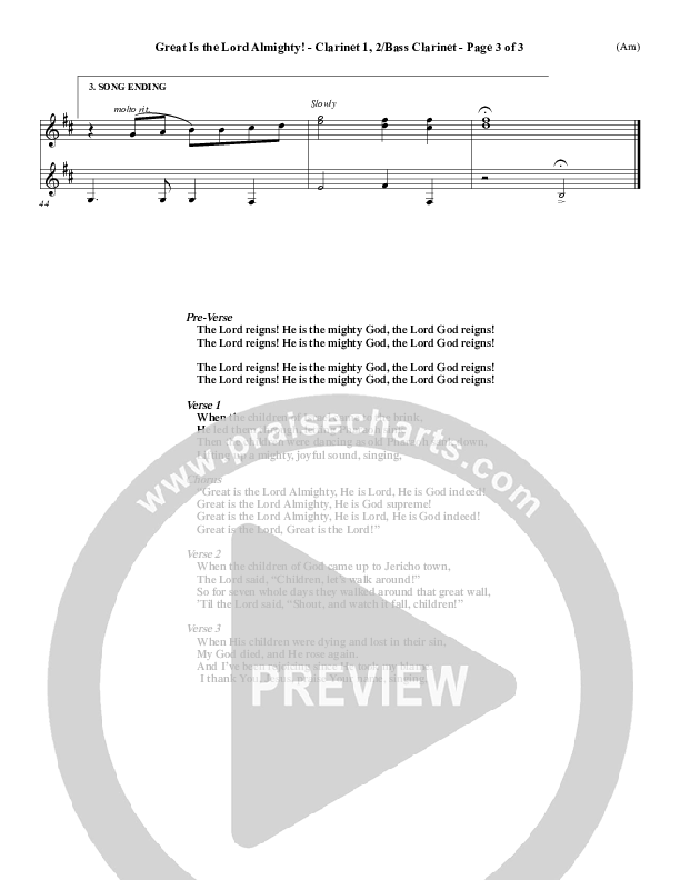 Great Is The Lord Almighty Clarinet 1/2, Bass Clarinet (Dennis Jernigan)