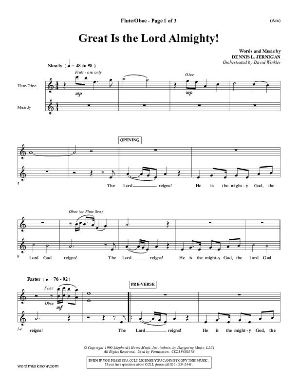 Great Is The Lord Almighty Flute/Oboe (Dennis Jernigan)